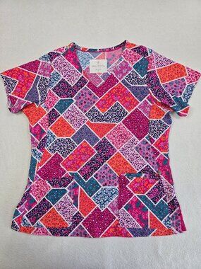 Vera Bradley Womens Colorful Patchwork Print Scrub Top V-Neck Size M
